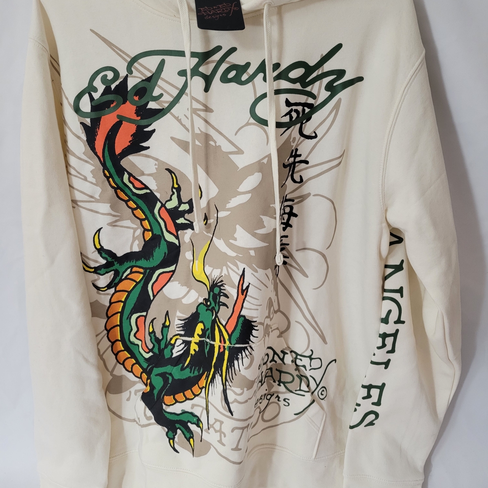 Ed Hardy Ivory Graphic Green Dragon Hoodie Mens Size L New